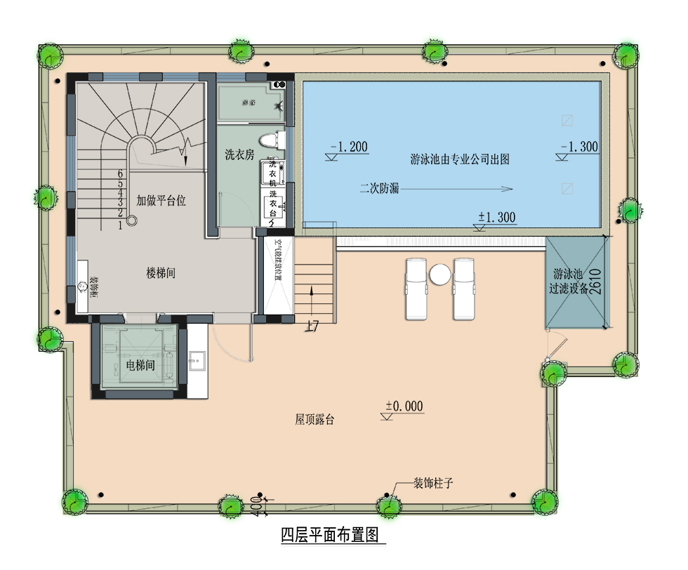 四层户型图;洗衣房,游泳池,露台